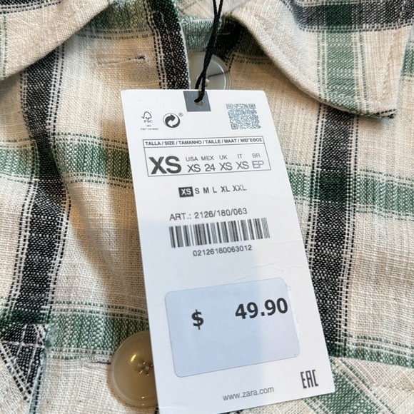 NWT Zara Women’s Flannel White and Green Size XS - Picture 3 of 4